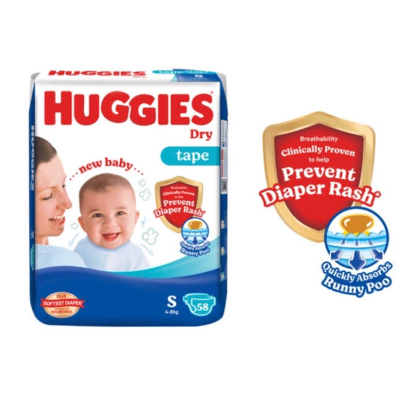 Huggies Dry Tape Diapers S80/M60/L54/XL42/XXL38 (1 Pack) Absorbent diapers for baby
