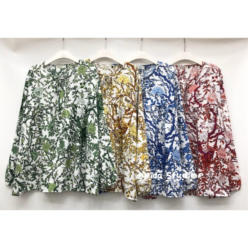 เสื้อคอกลมแขนยาว ผ้าไหมอิตาลี แต่งโบว์คอ ลายกิ่งไม้ ไซส์ใหญ่ 50“