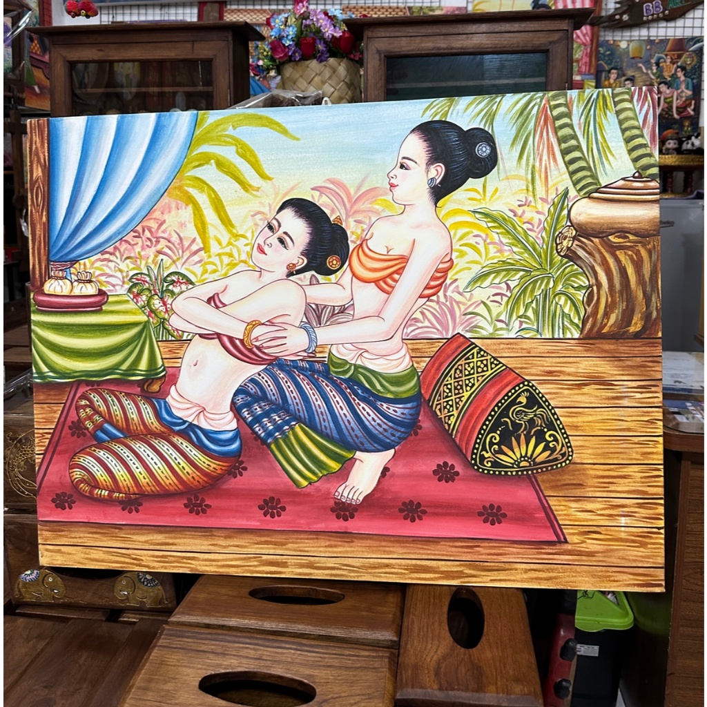 ภาพวาด กรอบรูป วินเทจ ภาพเพ้นท์ 60x80 cm 2แบบ สวย ภาพนวดไทย นวดสุขภาพ สไตล์ล้านนา แขวนผนัง