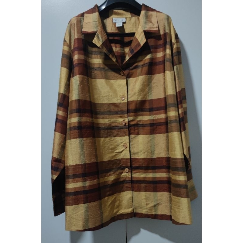 เสื้อผู้ชาย ผ้าไหมอินเดียแท้ มือสอง สีน้ำตาลเหลือง งานป้าย AVENUE 100% SILK เสื้อโอเวอร์ไซส์ รอบอกได