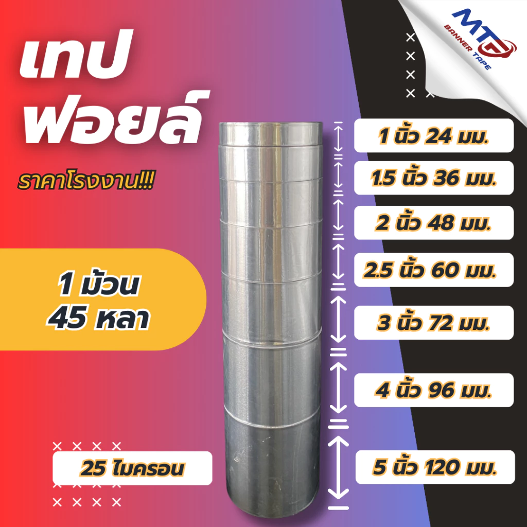 (1ม้วน)เทปอลูมิเนียมฟอย กว้าง 48mm,60mm,72mm ยาว 30,45 หลา เทปฟอย เทปแปะหม้อ เทปปิดรอยรั่ว