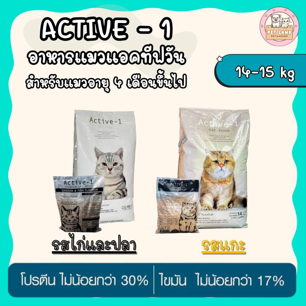 ACTIVE-1 แอคทีฟวัน อาหารแมว 14-15 กิโล สูตรบำรุงผิวหนังและเส้นขน สำหรับแมว 4 เดือนขึ้นไป