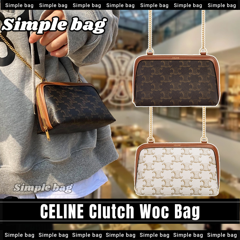 💯เซลีน🍑CELINE Clutch Woc Bag With Chain In Triomphe Canvas And Lambskin กระเป๋าสะพายเดี่ยว #Simple b