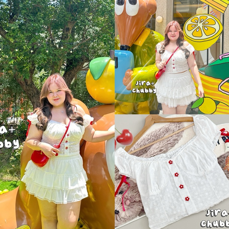 (JR) เสื้อแขนตุ๊กตา ผ้าฉลุ แต่งกระดุมดอกไม้แดง มีริบบิ้นโบว์สีแดง น่ารัก สดใส มากๆ เสื้อผ้าสาวอวบอ้วน พลัสไซส์ ไซส์ใหญ่