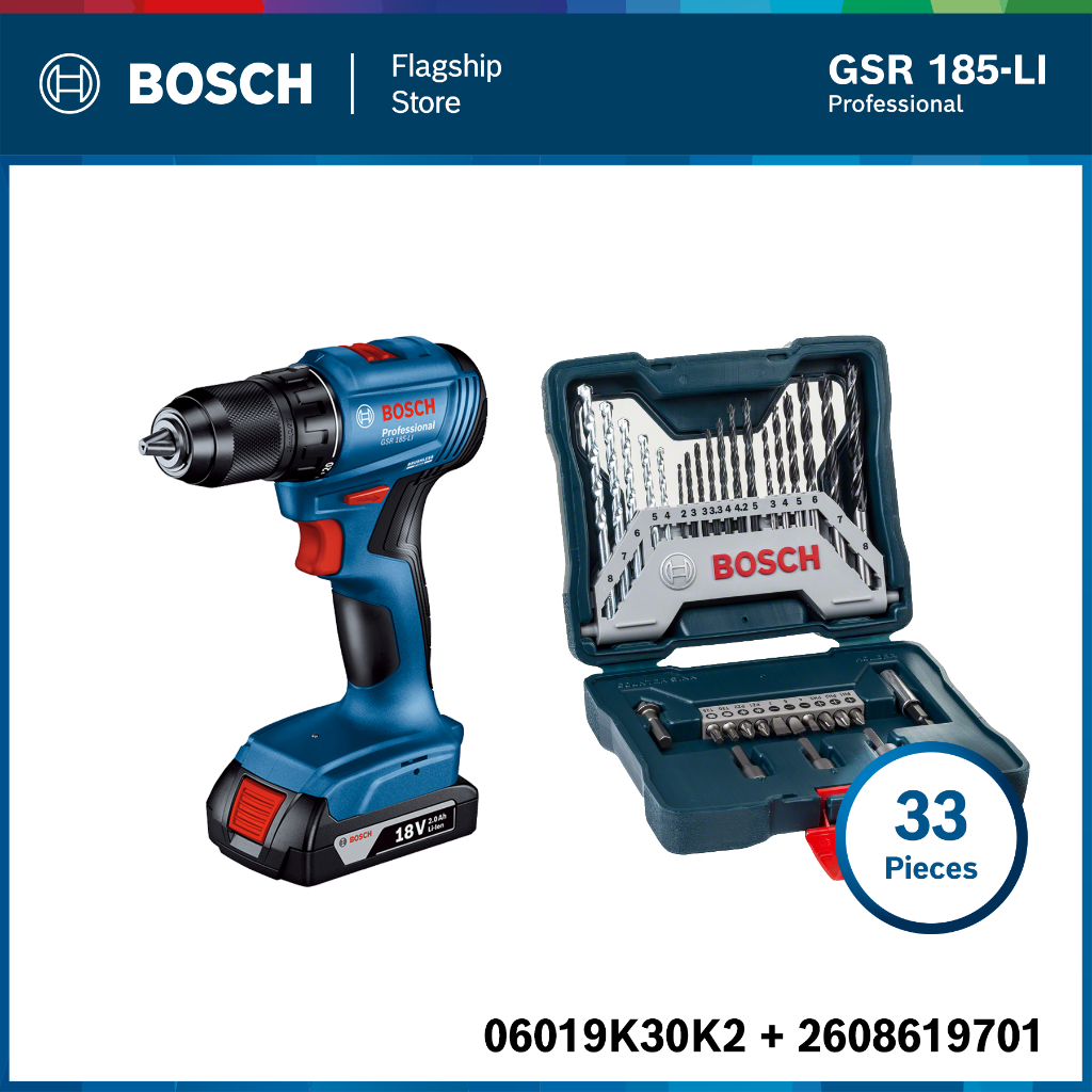 BOSCH ชุดสุดคุ้ม GSR 185-LI Brushless 2 Batt 2 Ah และชุด X-Line - 33 Pcs.(Blue)