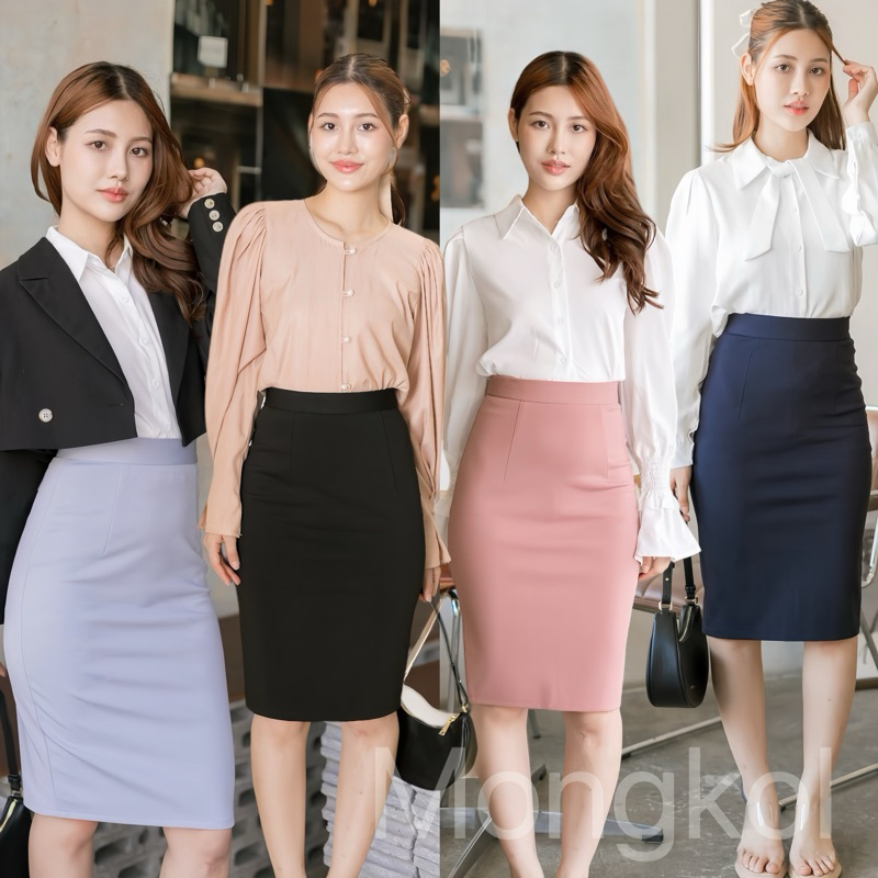 กระโปรงทำงาน เอวสูงขอบใหญ่ ผ้าโรเชส ยาว24นิ้ว กระโปรงทรงเอ