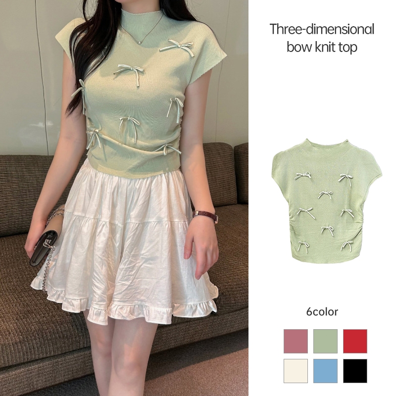 เสื้อยืดแขนสั้นผูกโบว์ เสื้อแขนสั้น Niche Slim Fit เสื้อถักสั้นหวานเผ็ด LIVE