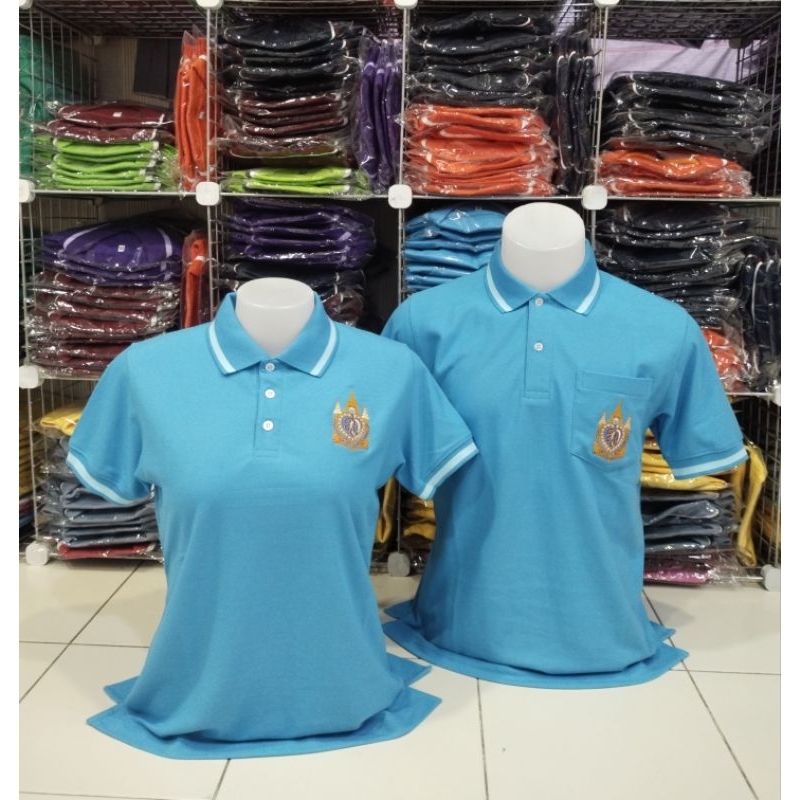 เสื้อโปโลสีฟ้า ปักตรา90พรรษา ผ้าTC.ไมโคร