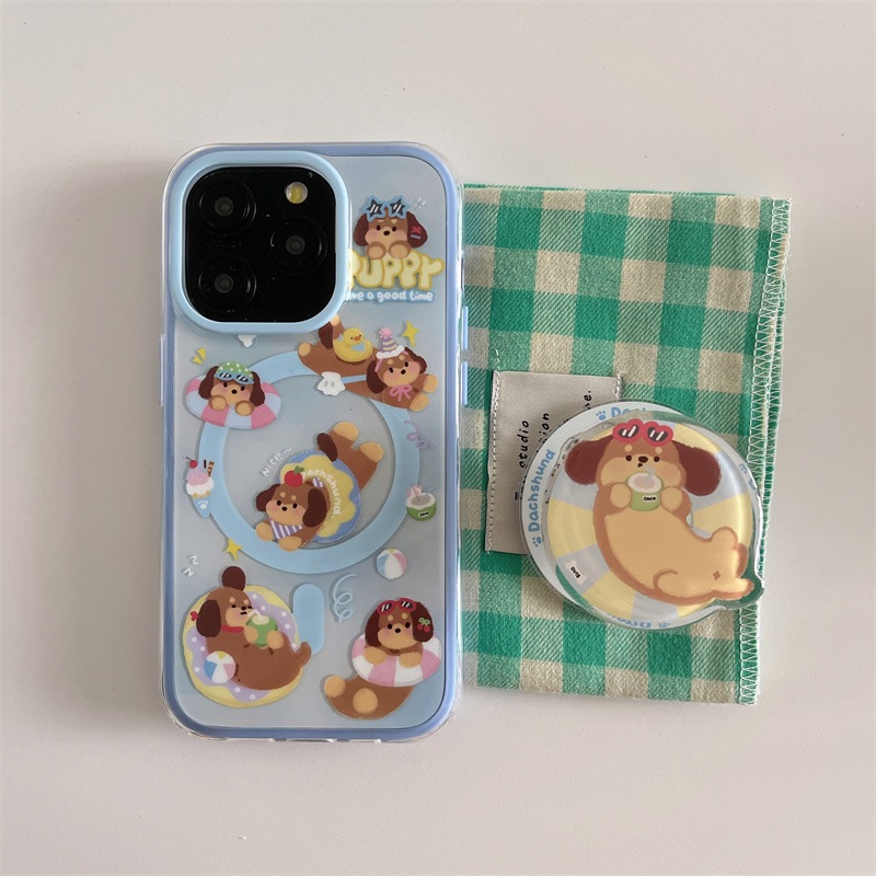 เคส2ชั้นสกรีนลายน้องหมาพื้นฟ้า + griptok แม่เหล็ก เคสไอโฟน พร้อมส่ง เคสสำหรับ IPHONE CASE 13-15PROMAX
