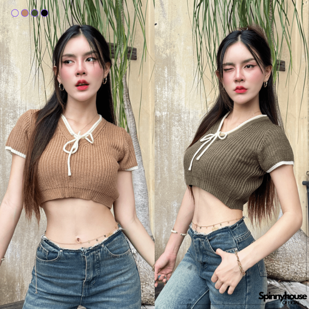 SpinnyHouse เสื้อครอปไหมพรม แต่งผูกโบว์ ผ้ายืดเยอะมาก สาวอวบใสได้ค่า พร้อมส่งทุกสี ใส่ง่าย สไตล์เกาหลี รุ่น กีต้าร์