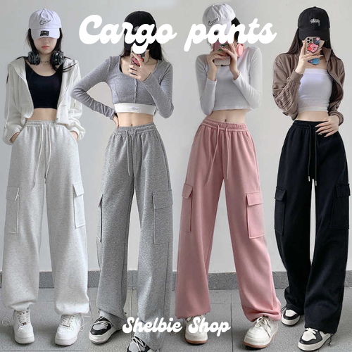 กางเกงคาร์โก้ Cargo pants ใส่ได้ทั้งผู้ชายและผู้หญิง ขากว้าง เอวยางยืด มีกระเป๋า ผ้านุ่มใส่สบาย