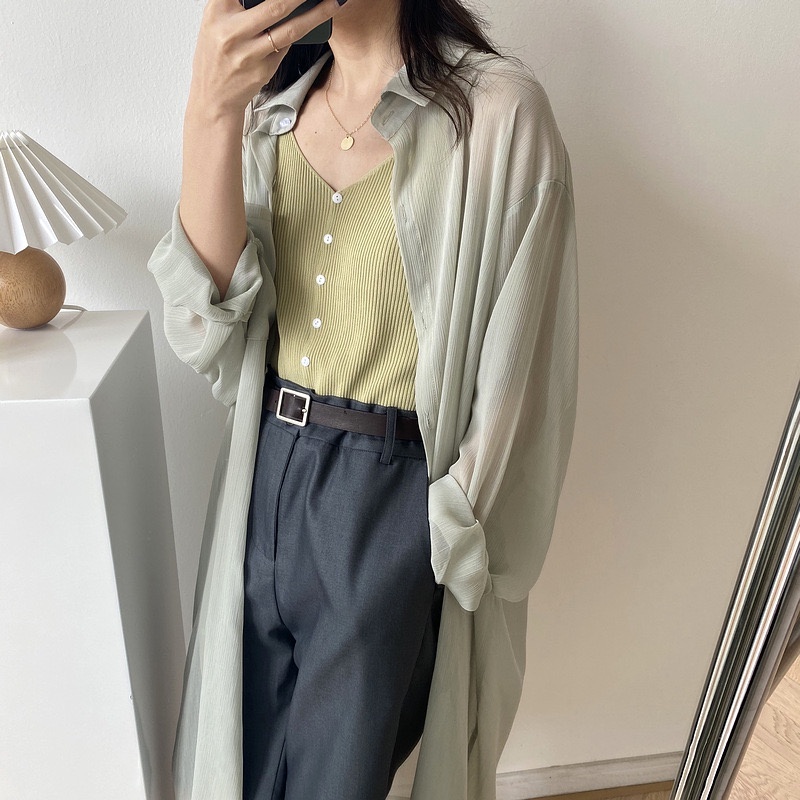 เสื้อเชิ้ต MC7995  เสื้อคลุมยาว เสื้อคลุมยาวแฟชั่นสไตล์เกาหลีน่ารัก มินิมอลสุด ผ้าไม่บางไม่หนา เนื้อผ้าดีพริ้ว ใส่สบาย