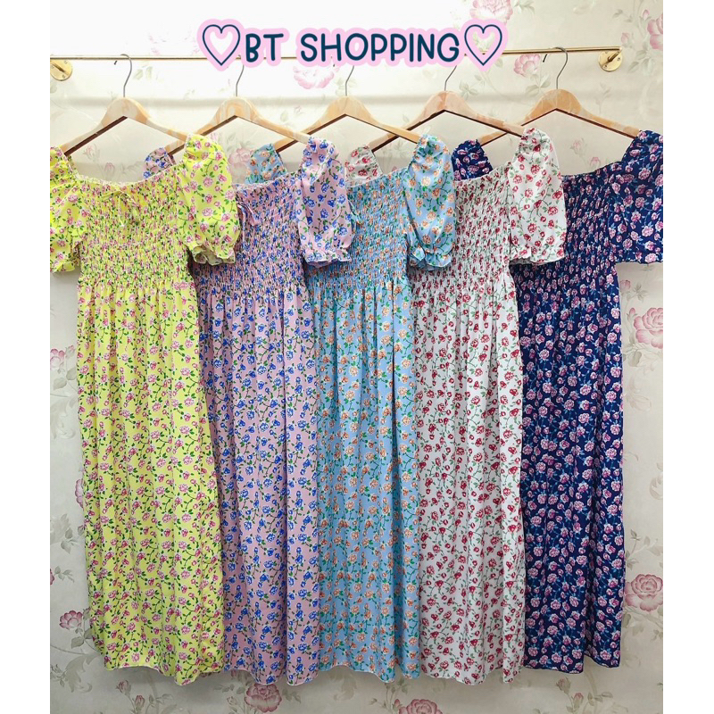 พร้อมส่ง เดรสยาวลายดอกงานสม็อคอก แต่งแขนตุ๊กตา สไตล์โคเรีย สวยหวานมากๆค่า