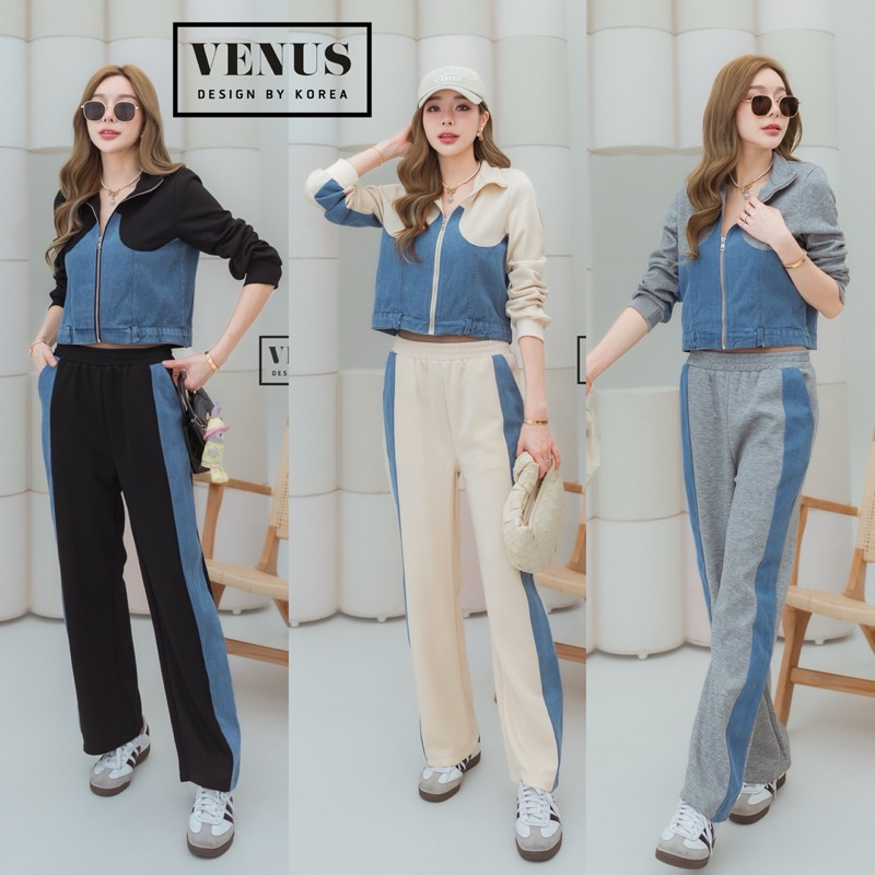 Jeans Patch Cotton Zip Long Sleeve Top&Long Pant Set