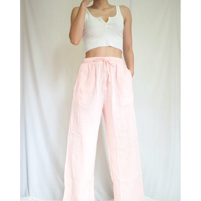 CCG09 กางเกงขายาวผ้า cotton crinkle gauze สีชมพูอ่อน