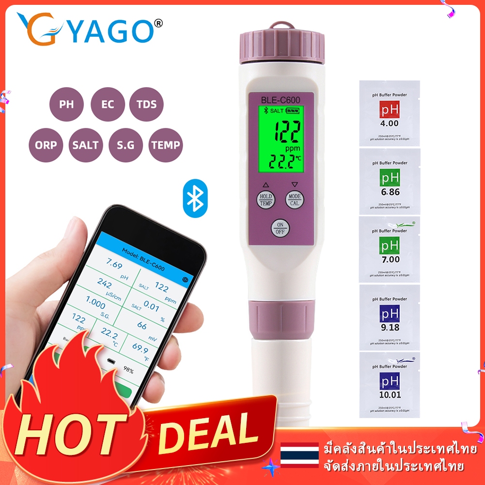 RCYAGO เครื่องวัดค่า บลูทูธ แบบพกพา 7-in-1 PH EC TDS salinity S.G ORP เครื่องทดสอบอุณหภูมิ