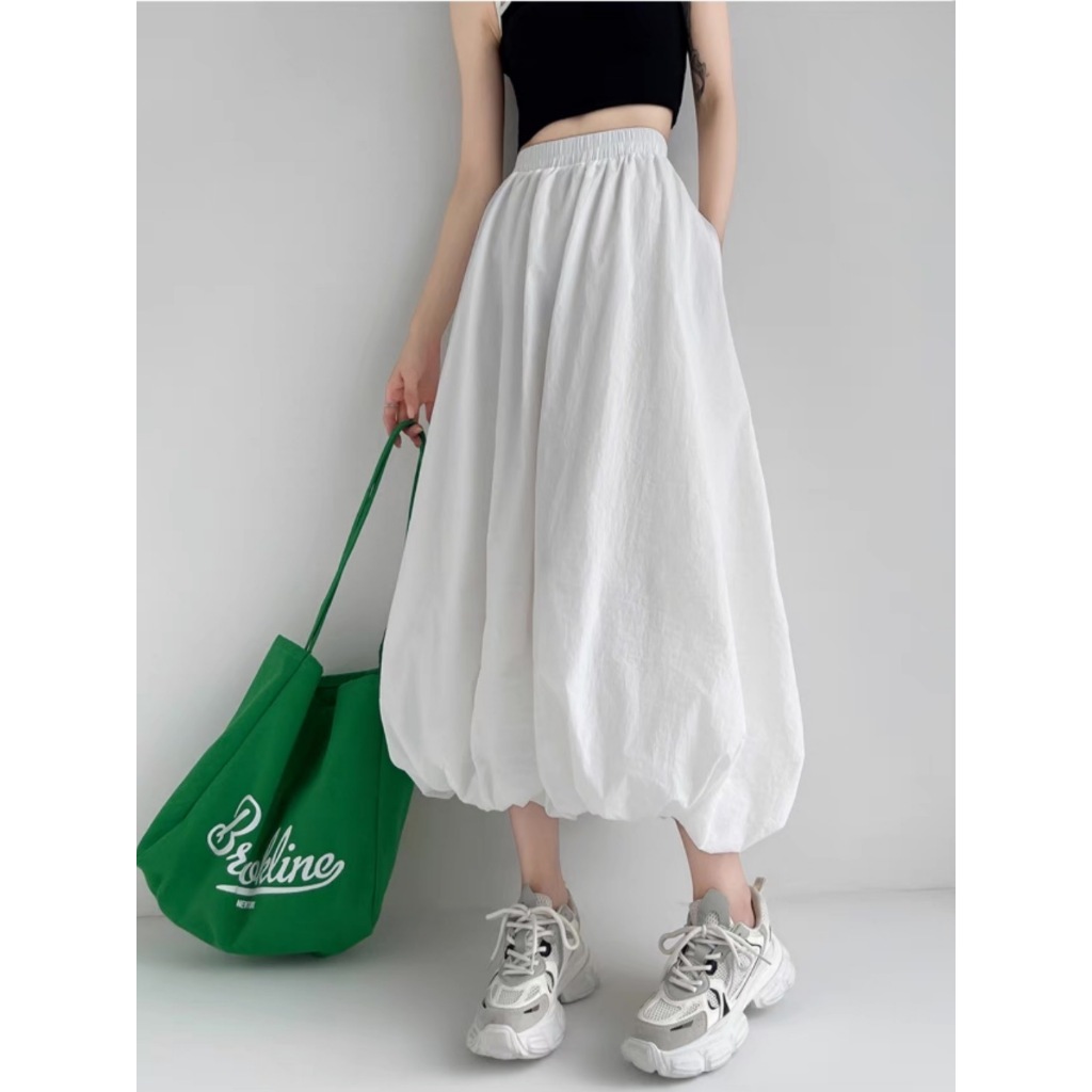 กระโปรงยาวทรงบอลลูนผ้าคอตตอนซิลค์ FINE BANDED WAIST COTTON SILK BALLOON SKIRTS