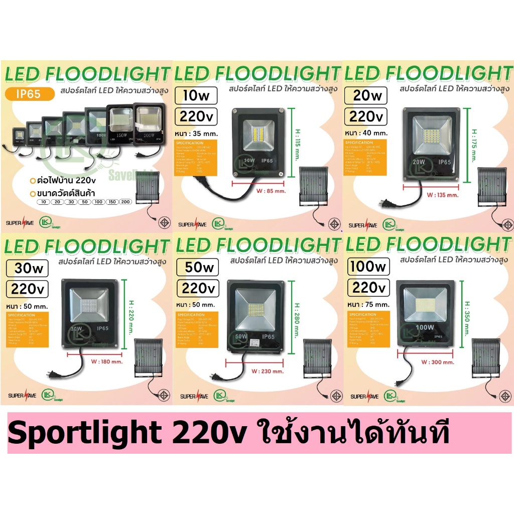Spotlight LED 10w 20w 30w Flashlightสปอร์ตไลท์ไฟส่งทางไฟส่องป้ายรุ่นวัตต์เต็มSMDแถมปลั๊กเสียบไฟบ้าน220vกันฝนกันแดด