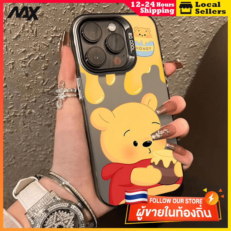 สีดำหรูหราซิลิโคนแข็งกรณีโทรศัพท์ หมีน้ำผึ้ง for IPhone 13 12 7Plus 14 15 11 Pro MAX 8 6 7 6S Plus X XR XS