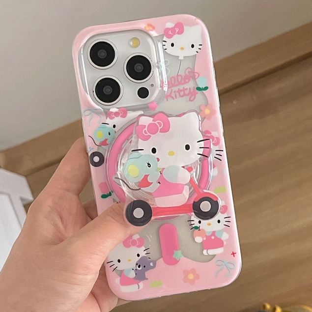 จัดส่งภายใน24ชม แม่เหล็ก ขาตั้ง การ์ตูน Hello Kitty เคสไอโฟน 12 13 14 15 pro max สีชมพู เคสใส หวานสวย case for iPhone12