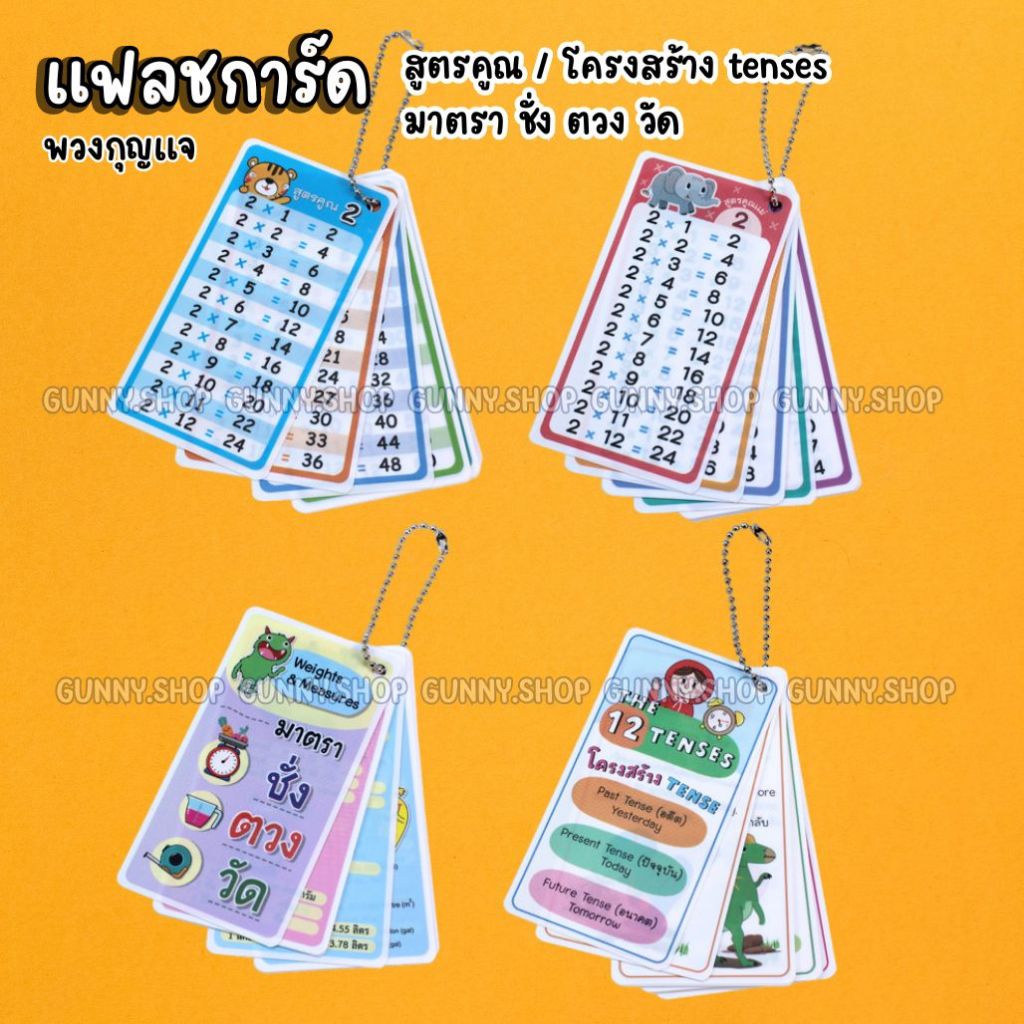บัตรคำ Flashcards ชุดพกพา สูตรคูณ มาตราชั่ง ตวง วัด และโครงสร้าง Tense ทั้ง 12 tense (จำนวน 1 ชุด)