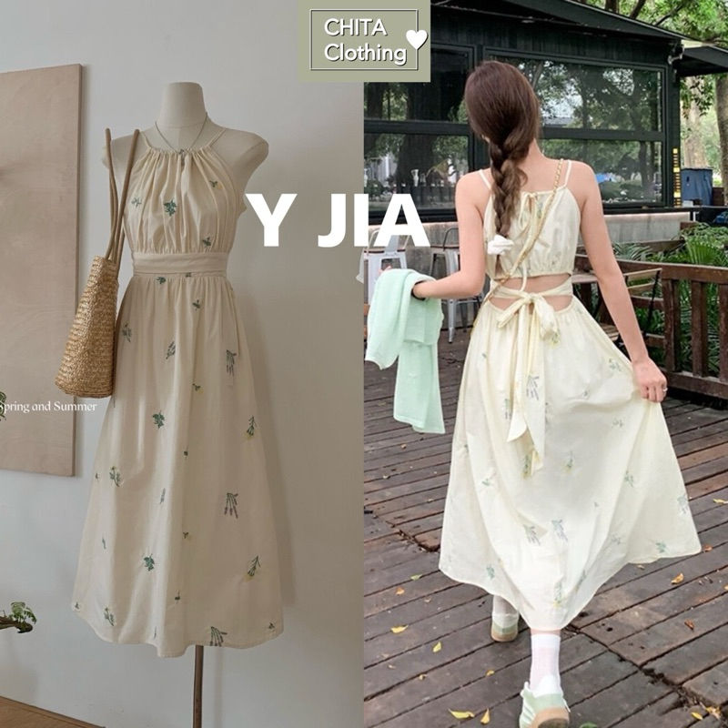 เดรสแขนกุดตัวยาว ลายผ้าปัก ดีไซน์เว้าด้านหลัง โทนสีครีม #6982 TAG   Y.JIA STUDIO  🇰🇷🇰🇷