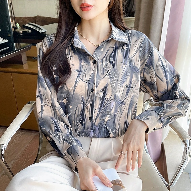 berry pink เสื้อเชิ้ตแขนยาวคอปกผ้าชีฟองเสื้อย้อนยุคแฟชั่นเนื้อผ้าดีทรงหลวมเสื้อเชิ้ตผู้หญิงพิมพ์ลาย
