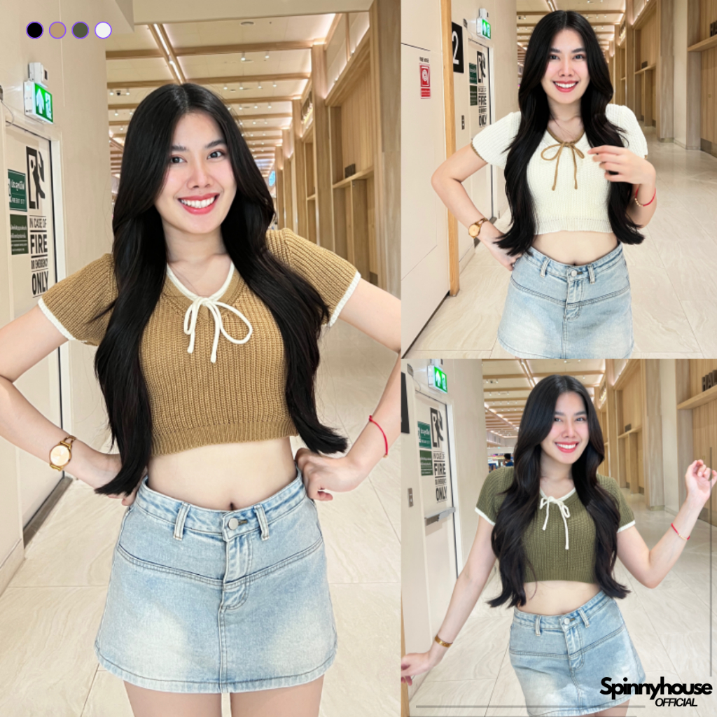 🌈SpinnyHouse🌈เสื้อครอปคอกลมแขนสั้น แต่งผูกโบว์น่าร้าก ผ้าไหมพรมทออย่างดี 🌺สาวอวบใส่ได้ ผ้านิ่มใส่สบายไม่คัน รุ่น กีต้าร์
