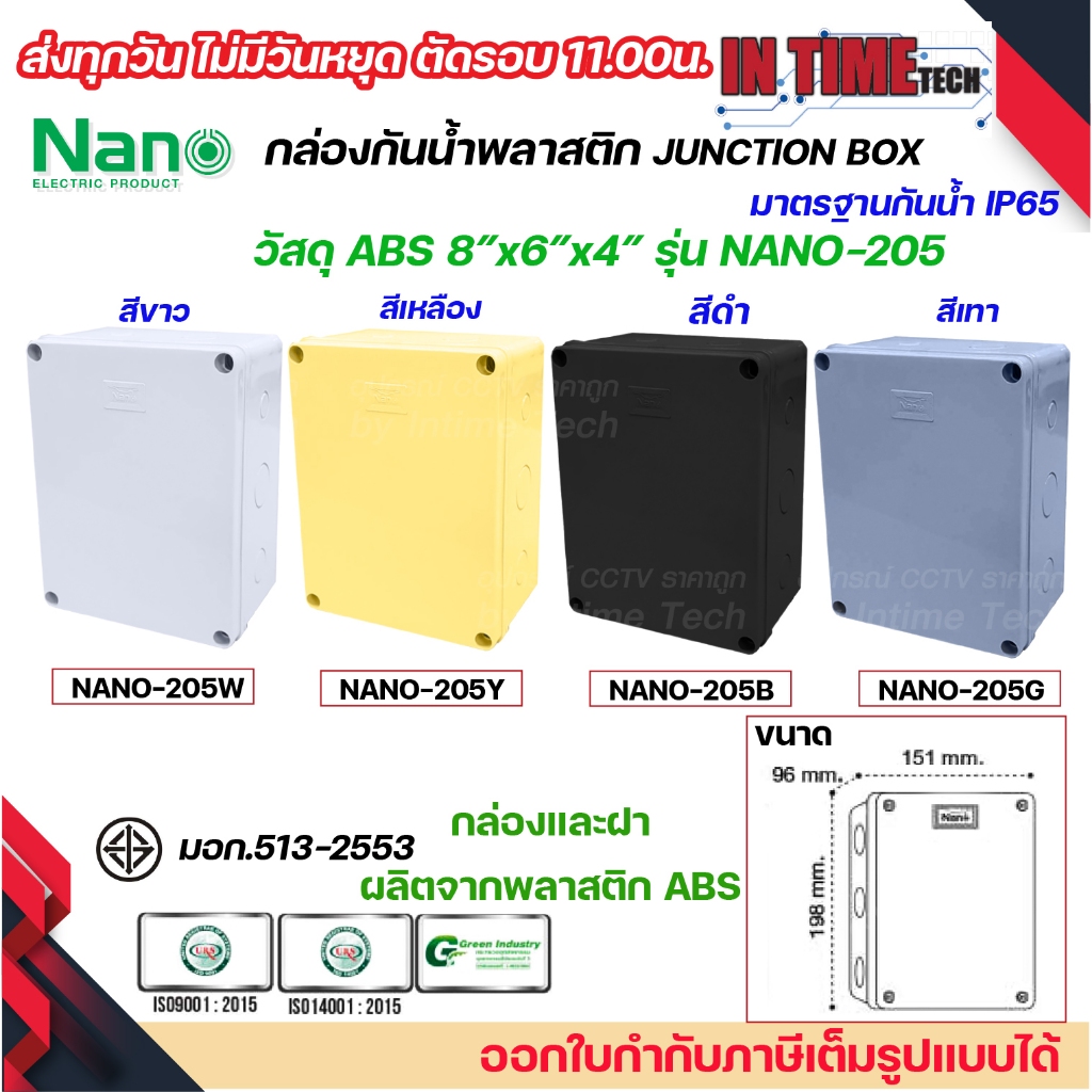 NANO กล่องพักสาย 8x6 ABS รุ่น NANO-205W บล็อคพักสาย Box กันน้ำ สีขาว สีเหลือง สีดำ สีเทา IP65 มอก.513-2548