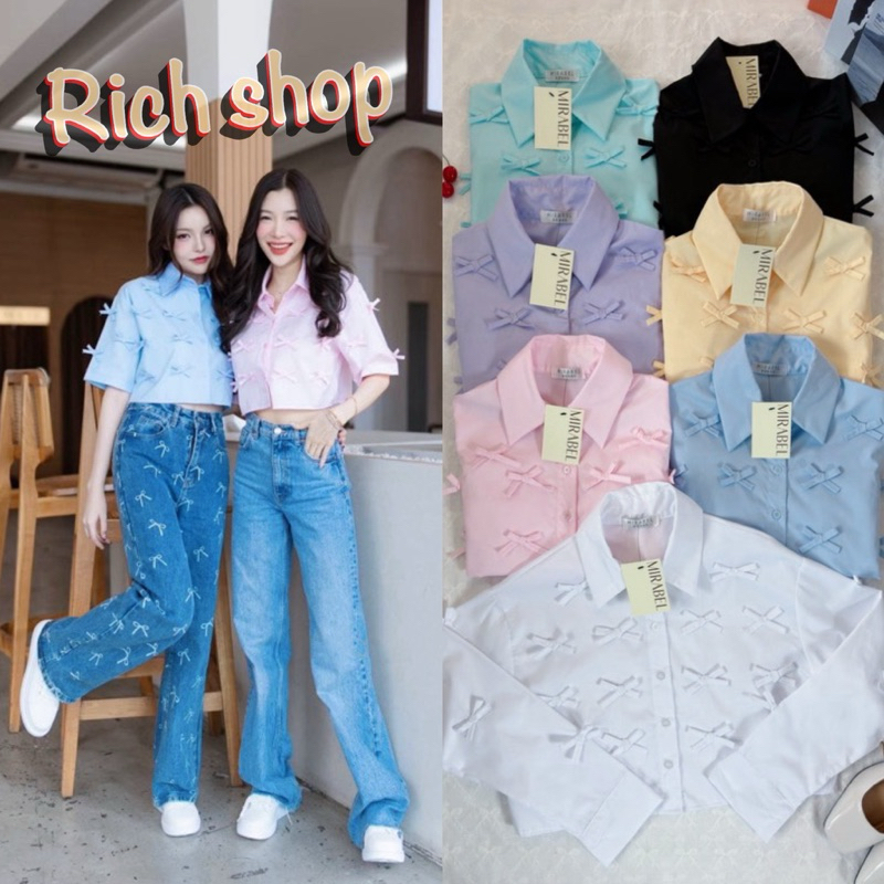 เสื้อเชิ้ตครอปแขนสั้น สไตล์โคเรีย แต่งโบว์หน้า