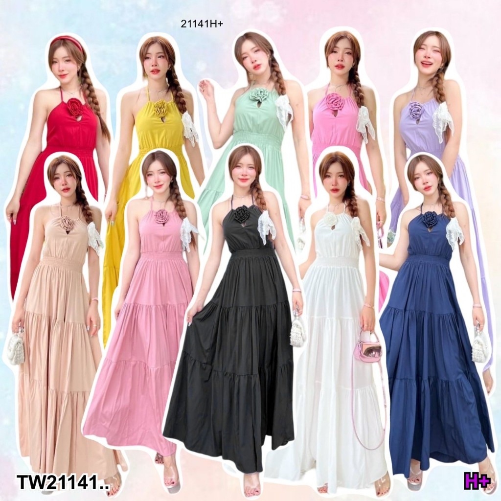 TwinsShopVip พร้อมส่ง TW21141 เดรสยาว สายเดี่ยว อกปักดอกไม้ เว้าอก กระโปรงชั้นๆ ..