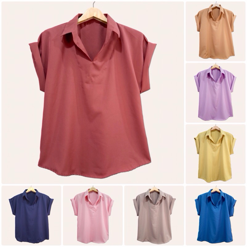 (อก 42”) เสื้อคอปก เเขนสั้น สีพื้น ผ้าไหมอิตาลี ไม่ต้องรีด