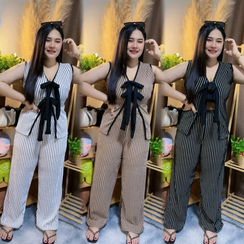 ชุดเซตคอวีผูกโบว์2ชั้น ขายาว ผ้าท๊อฟฟี่ริ้ว