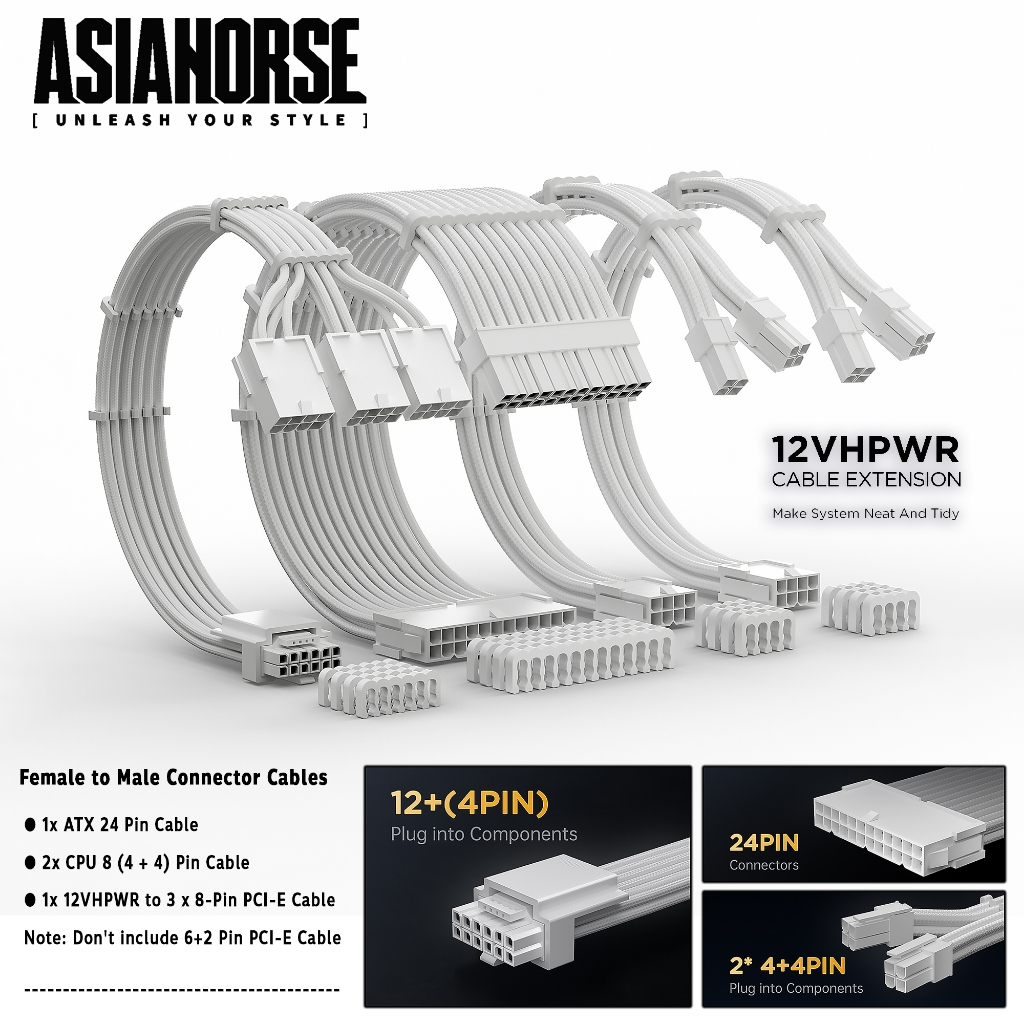 สายถักเพาเวอร์ซัพพลาย คุณภาพสูง  /  AsiaHorse 16AWG PSU Sleeved 12VHPWR Cable Extension Kit - White 