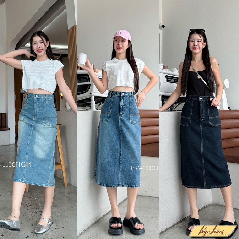 กระโปรงยีนส์ยาวเอวสูงผู้หญิงคลุมเข่ามีไซส์ใหญ่Sถึง5XLผ้าไม่ยืดทรงสวย