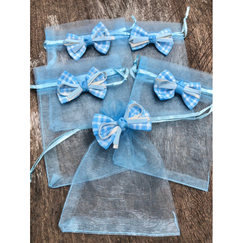 ถุงผ้าแก้ว 9x12cm ตกแต่งโบว์สีฟ้าน่ารัก พร้อมส่ง
