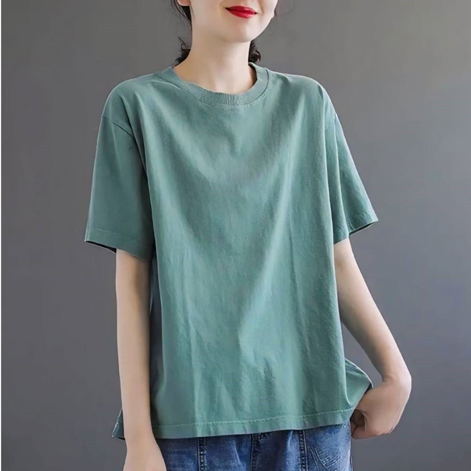 เสื้อยืดคอกลม แขนสั้น สีพื้น สำหรับผู้หญิง ใส่สบายในวันเบาๆ น่ารัก มินิมอล S08