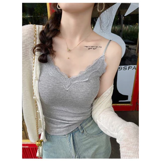 เสื้อสายเดี่ยวขอบลูกไม้น่ารัก สายปรับระดับได้มีฟองน้ำเย็บติดในตัว (2042)