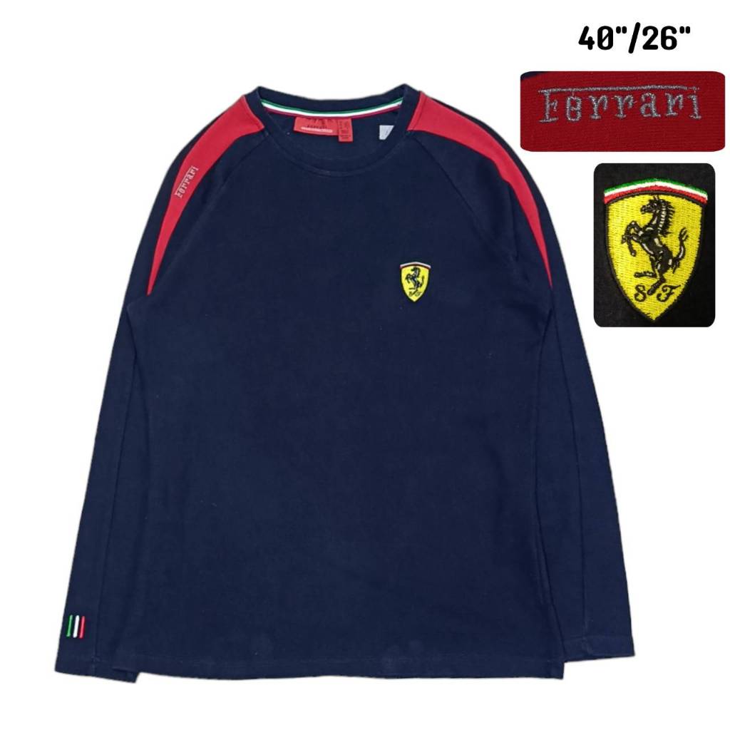 FERRARI Long sleeve t-shirt เสื้อยืดแขนยาว ผ้าคอตตอล เฟอร์รารี่ สีกรมเข้ม ไซส์ M ทรงผู้หญิง มือสอง ส