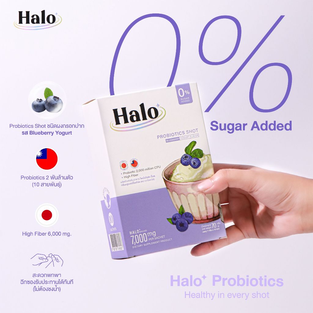 Halo+ Probiotics Shot ฮาโลพลัส โพรไบโอติก ช็อต รสบลูเบอร์รี่โยเกิร์ต 10ซอง/กล่อง (Official Store)