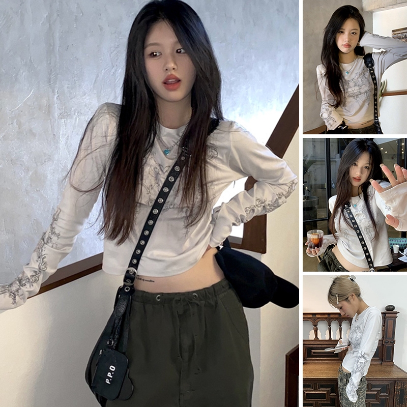 ท็อปส์ซูแฟชั่นพื้นฐานของผู้หญิง เสื้อเชิ้ตแขนยาวพิมพ์ลายวินเทจลำลอง คลับสตรีทแวร์เครื่องแต่งกายความง