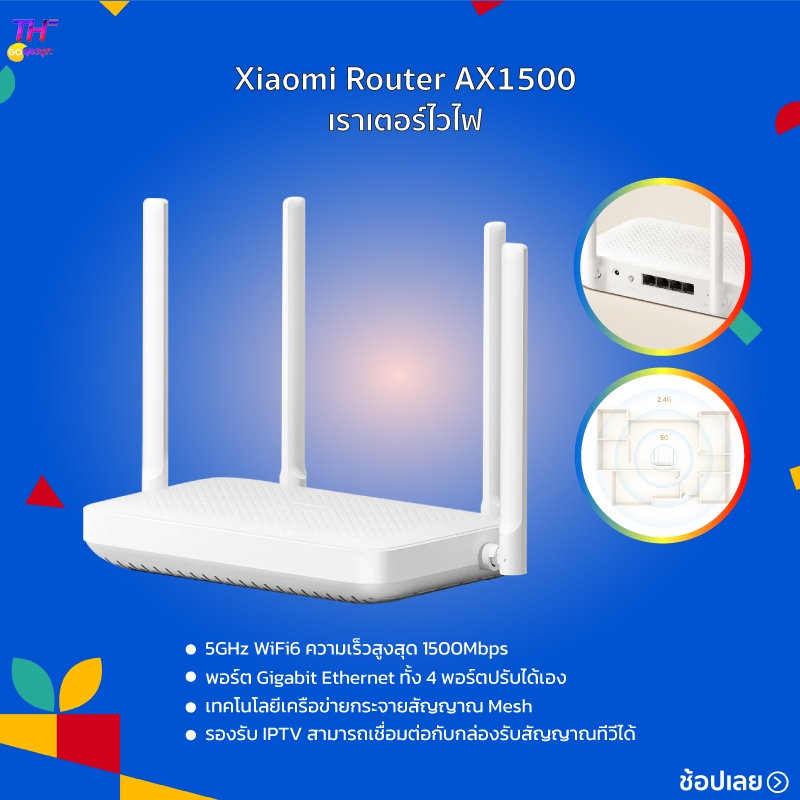 Xiaomi Router AX1500 เราเตอร์ เราเตอร์ไร้สาย 5GHz WiFi6 ความเร็วสูงสุด 1500Mbps 4 พอร์ตปรับได้เอง รองรับ IPTV