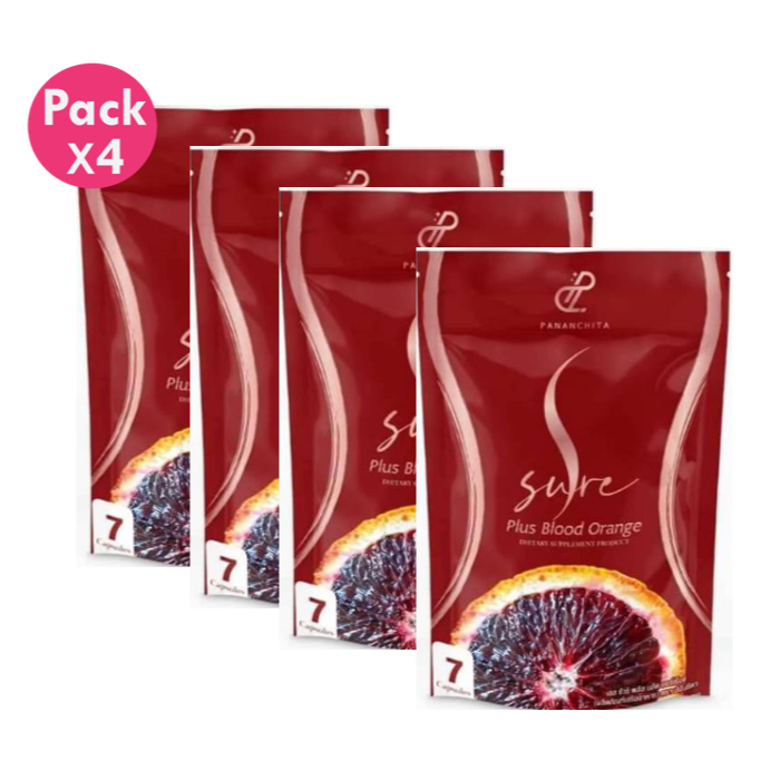 โปรโมชั่น 4 ซอง S Sure plus Blood Orange เอสชัวร์ พลัส อาหารเสริม จำนวน 4 ซอง