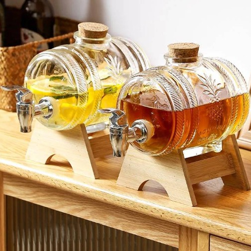 โถจ่ายน้ำหวาน โหลแก้วใส่เครื่องดื่ม 1L.3L.5L. ถังเบียร์ คูลเลอร์มีก๊อก แบบหนา พร้อมฐานตั้ง