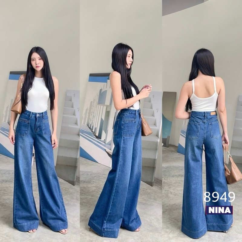 PT closets S-3XL •ᴥ• กางเกงยีนส์ขายาว ทรงขาบาน เอวสูง ผ้าไม่ยืด กระเป๋าเจาะหน้า #NN8949