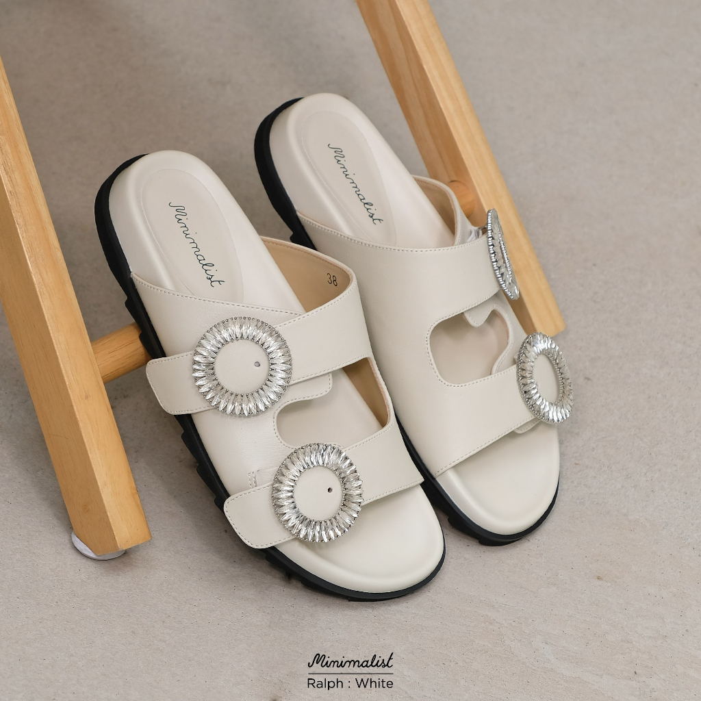 𝐌𝐈𝐍𝐈𝐌𝐀𝐋𝐈𝐒𝐓 รองเท้าแตะหนังแกะแท้ รุ่น Ralph (White) หน้าเท้ากว้างใส่ได้