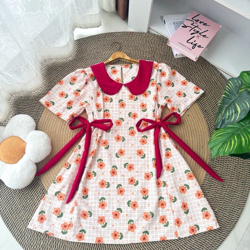 Dress คอบัวโบว์ข้างทรงปล่อยใส่สบาย ( V-9 )