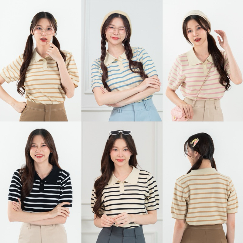 เสื้อคอปก 901 ผ้าไหมพรมลายริ้ว เนื้อผ้านิ่ม ลุคดูสวยสุภาพผู้ดีมาก