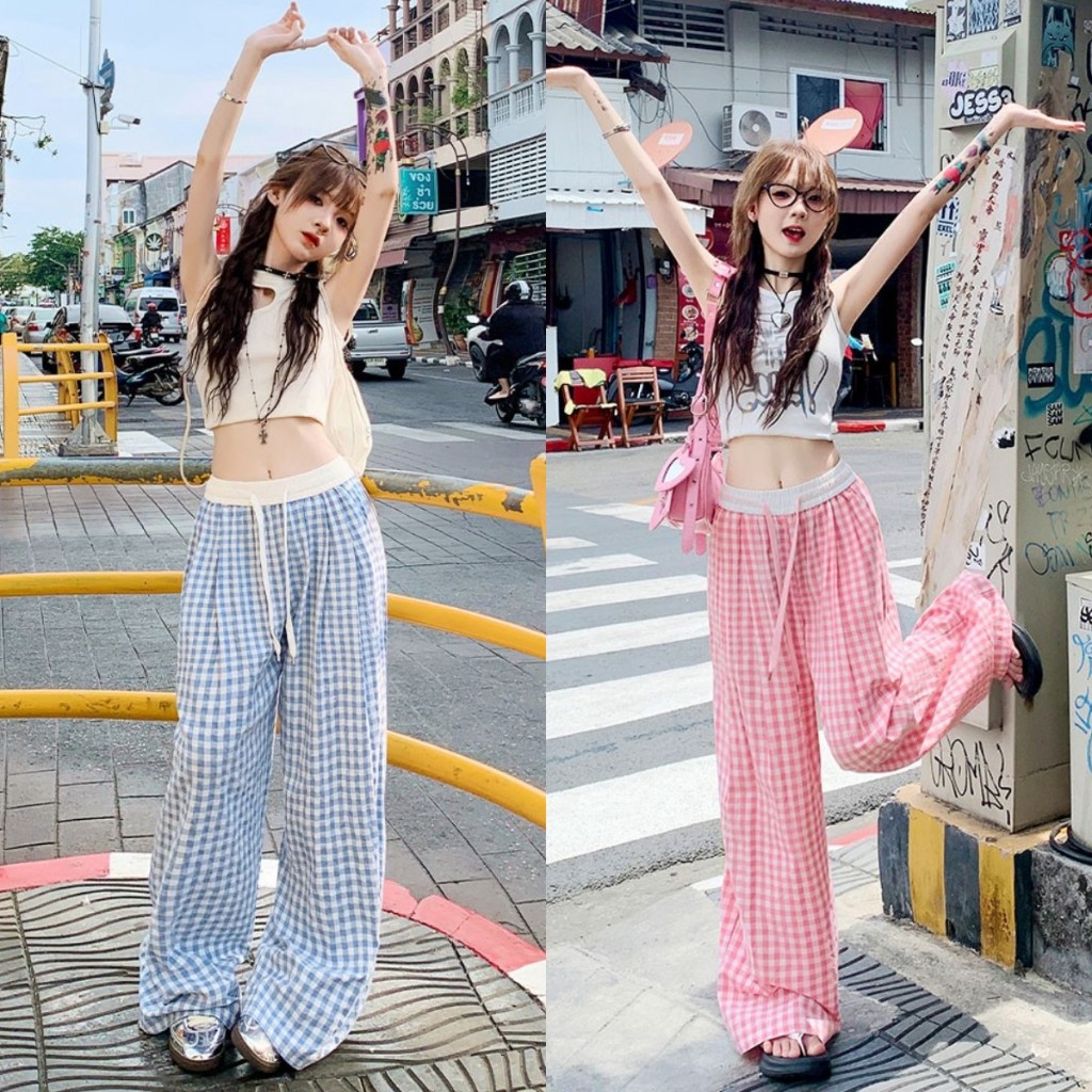 3สี กางเกงลายตาราง กางเกงขายาว สีสวยมาก เอวยืดเยอะ ใส่เที่ยวสวยมาก #111122