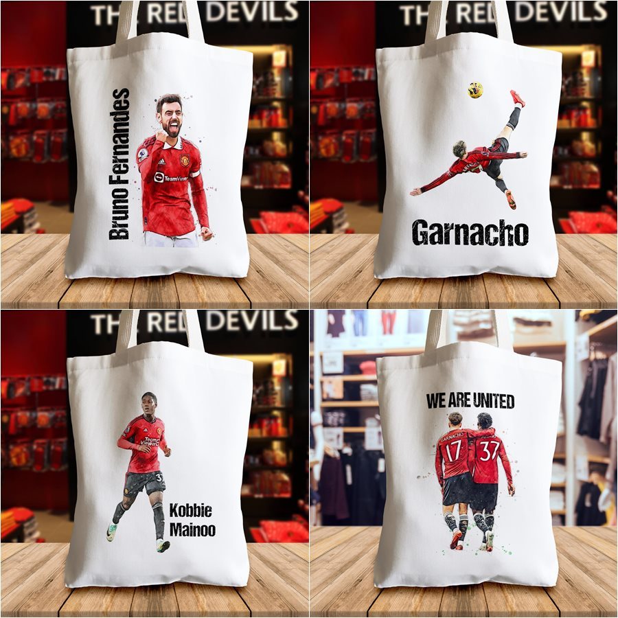 กระเป๋าผ้าแคนวาส ลายนักฟุตบอลแมนเชสเตอร์ยูไนเต็ด แมนยู Manchester United canvas tote bags ภาพสเก็ตสีน้ำ